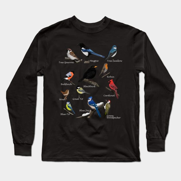 Backyard Birds Sparrow Cardinal Jay Wren Illustration Long Sleeve T-Shirt by jzbirds